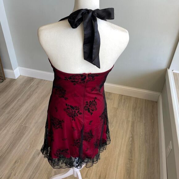 Y2K Red & Black Glitter Rose Sheer Applique Halter Dress Mall Goth Emo Vampire - Picture 3 of 8